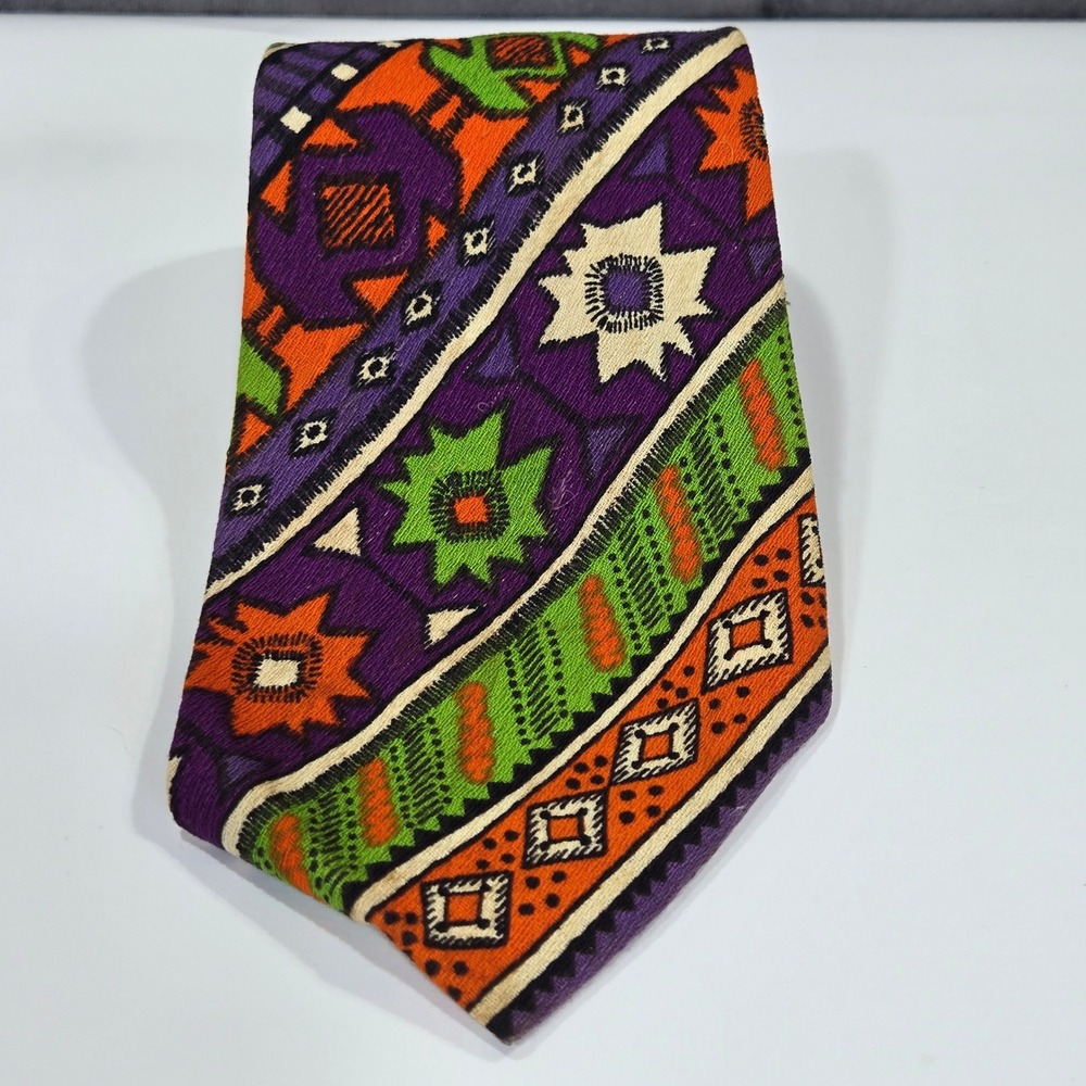 Vintage 60s 70s Mod Psychedelic Neck Tie Cotton Brite MultiColor Purple Orange